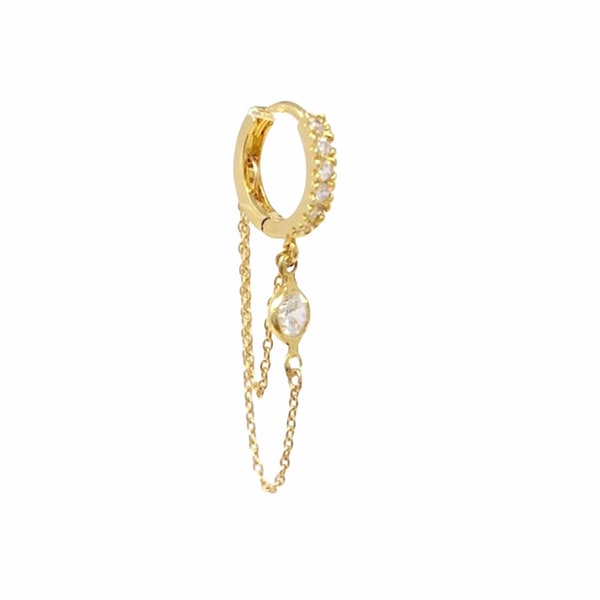 Swarovski Crystal Double Chain Huggie Earrings - Hoop Earrings in Gold Fill, Sterling Silver - Single Crystal Earring or Earring Set