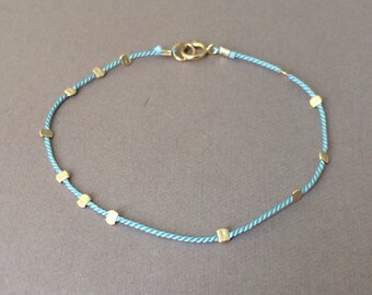 Gold Bead LIGHT BLUE Silk String Bracelet also in Sterling Silver and Rose Gold Fill