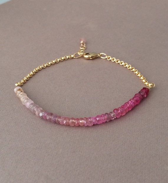 Ombre Pink Sapphire Beaded Bracelet – 14k Gold Fill or Sterling Silver – Dainty Handmade September Birthstone Jewelry – Gift for Her