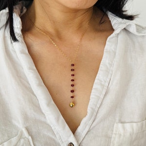 Red Garnet Beaded Gold Y Lariat Drop Necklace also available with other stones