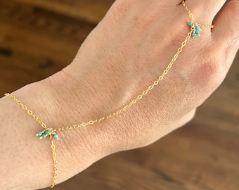 Turquoise Stone Gold Fill Beaded Hand Chain Slave Bracelet Harness also in Silver and Rose gold fill
