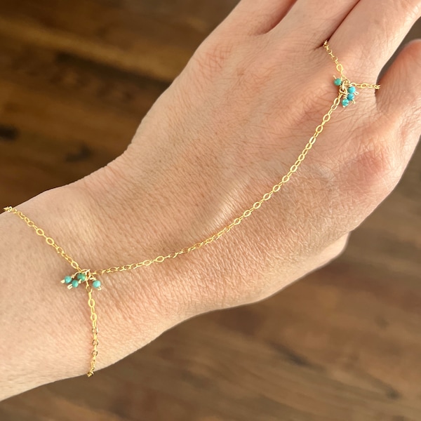 Turquoise Stone Gold Fill Beaded Hand Chain Slave Bracelet Harness also in Silver and Rose gold fill