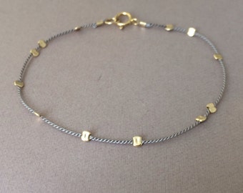 Gold Bead GRAY Silk String Bracelet also in Sterling Silver and Rose Gold Fill