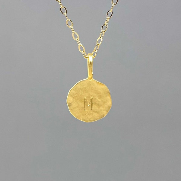 Custom Gold Hammered Initial Charm Disc Necklace also in Silver