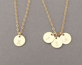 Stamped Initial Disc Necklace Available in Gold Fill, Rose Gold Fill, and Sterling Silver