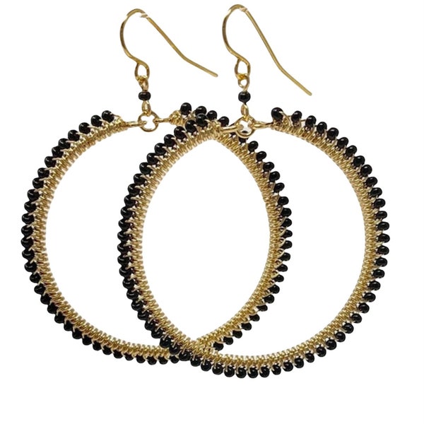 Gold Hammered Black Wire Wrapped Hoop Earrings