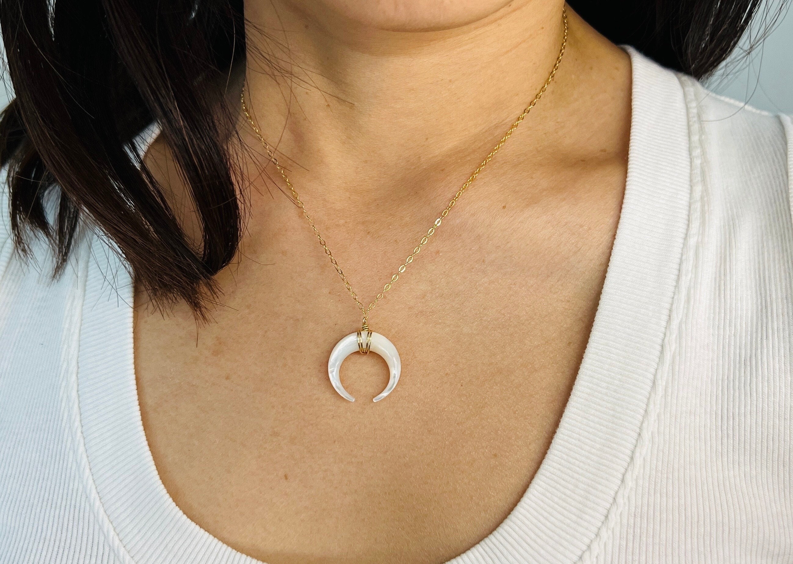 White Mother of Pearl DOUBLE HORN Necklace Crescent Moon Gold Fill Rose Gold Fill Sterling Silver Etsy