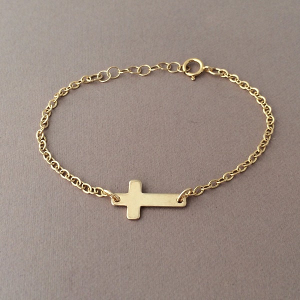 Bracelet Croix latérale en or Horizontal également en argent - Bracelet Croix en or personnalisé - Bracelet simple fait à la main