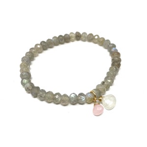 Bracciale con perline di labradorite, pietra di luna e quarzo rosa in oro, oro rosa o argento sterling