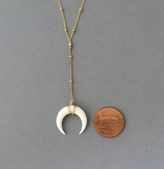 TINY White Bone Double Horn Gold Pendant Charm Necklace Silver Rose Crescent