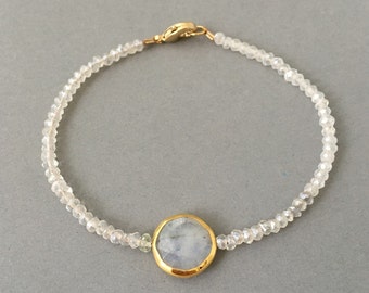 Moonstone Disc Beaded Gold Bracelet