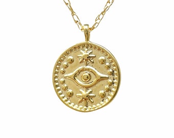 Gold Evil Eye Medallion Necklace also in Sterling Silver