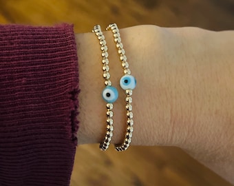 3mm Beaded Ball and Evil Eye Bracelet in Gold Fill, Rose Gold Fill, or Sterling Silver