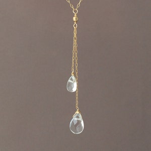 Gold Y Lariat Drop Clear Quartz Gemstone Necklace also in Rose Gold Fill and Sterling Silver image 1