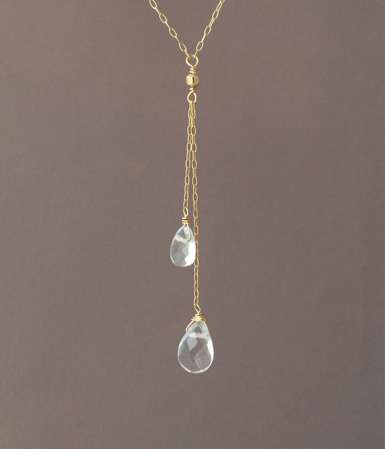 Gold Y Lariat Drop Clear Quartz Gemstone Necklace also in Rose Gold Fill and Sterling Silver image 1