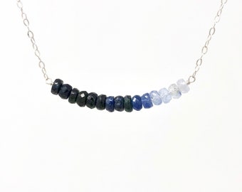 Real Blue Sapphire Ombre Beaded Gold Necklace - GoldFill, Rose Gold Fill, Sterling Silver - Dainty Layering Everyday Necklace