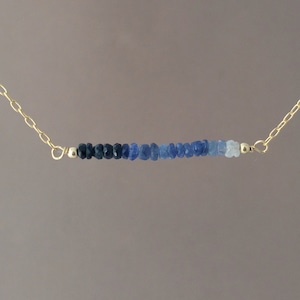 Blue Sapphire Ombre STRAIGHT Bar Beaded Necklace – 14k Gold Fill Rose Gold Fill, or Sterling Silver – September Birthstone Layering Necklace