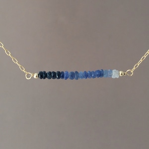 Straight Bar Blue Ombre Sapphire Beaded Necklace Gold Rose Gold or Silver Sapphire Necklace