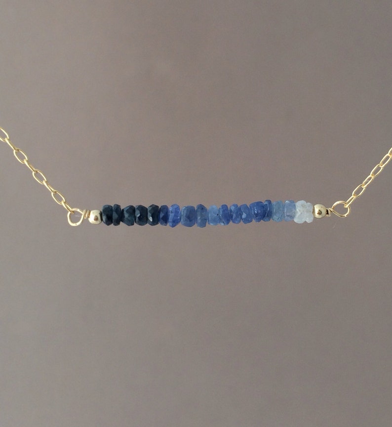 Straight Bar Blue Ombre Sapphire Beaded Necklace Gold Rose Gold or Silver Sapphire Necklace image 1