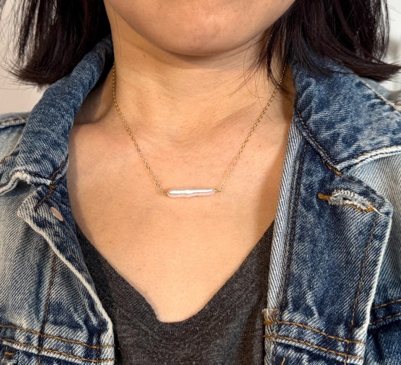 White Pearl Bar Necklace – Dainty Gold Fill Sterling Silver Rose