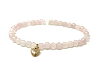 Rose Quartz Beaded Bracelet with Heart Charm in Gold Fill or Sterling Silver -- Simple Minimalist Layering Gemstone