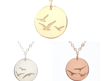 FLYING BIRDS ENGRAVED Gold Fill Disc Necklace also in Rose Gold and Silver - Personalized Jewelry - Gold Bird Necklace