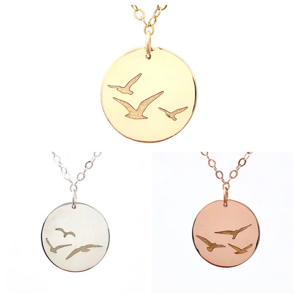 FLYING BIRDS ENGRAVED Gold Fill Disc Necklace also in Rose Gold and Silver - Personalized Jewelry - Gold Bird Necklace