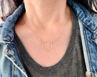Hexagon Pendant Necklace – 14k Gold Fill, Sterling Silver, Rose Gold – Dainty Geometric Jewelry Minimalist Layering Necklace – Gift for Her
