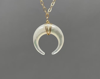 TINY White Mother of Pearl Double Horn Gold Necklace // Crescent Moon Sterling Silver Rose Gold