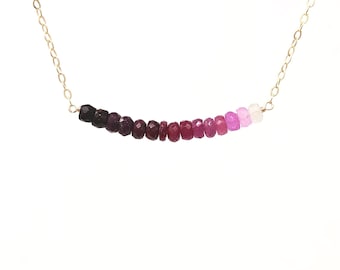 Real Ruby Ombre Beaded Necklace Gold Rose Gold or Silver