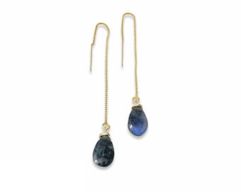 Labradorite Box Chain Threader Earrings in Gold or Silver