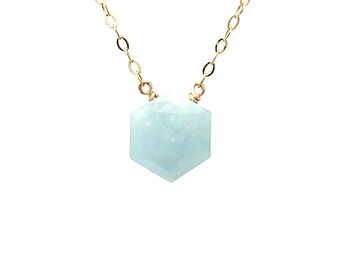 Hexagon AQUAMARINE Stone Gold Fill Necklace also in Sterling Silver and Rose Gold