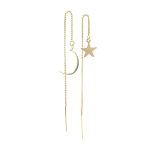 Star and Moon Box Chain Threader Earrings in Gold or Silver