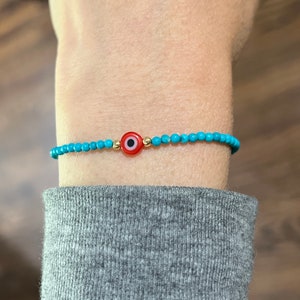 Turquoise Stone Evil Eye Beaded Bracelet in Gold Fill, Rose Gold Fill, Sterling Silver // Everyday Layering Stack