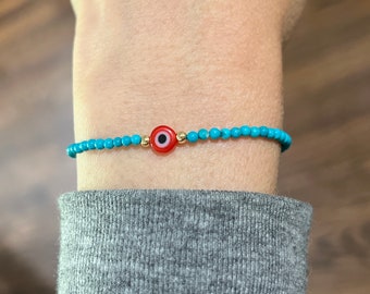 Turquoise Stone Evil Eye Beaded Bracelet in Gold Fill, Rose Gold Fill, Sterling Silver // Everyday Layering Stack