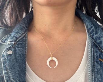 White Bone Crescent Horn Pendant Necklace in Gold, Rose Gold, or Sterling Silver | Boho Statement Jewelry | Minimalist Double Horn Necklace