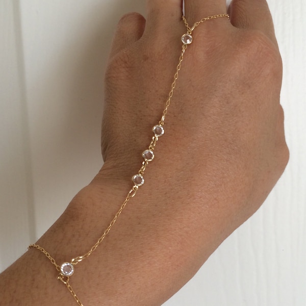 Tiny Swarovski Crystal Gold Hand Chain Bracelet Harness also in Silver and Rose gold fill
