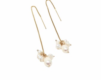 PEARL CLUSTER Gold Fill Box Chain Threader Earrings also in Sterling Silver