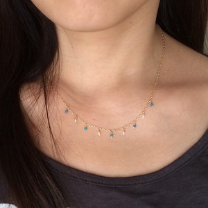 Turquoise and White Pearl Beaded Necklace available in gold, rose gold, or silver
