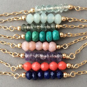 Tiny Straight Bar Gemstone Beaded Gold Necklace also available in Silver and Rose Gold