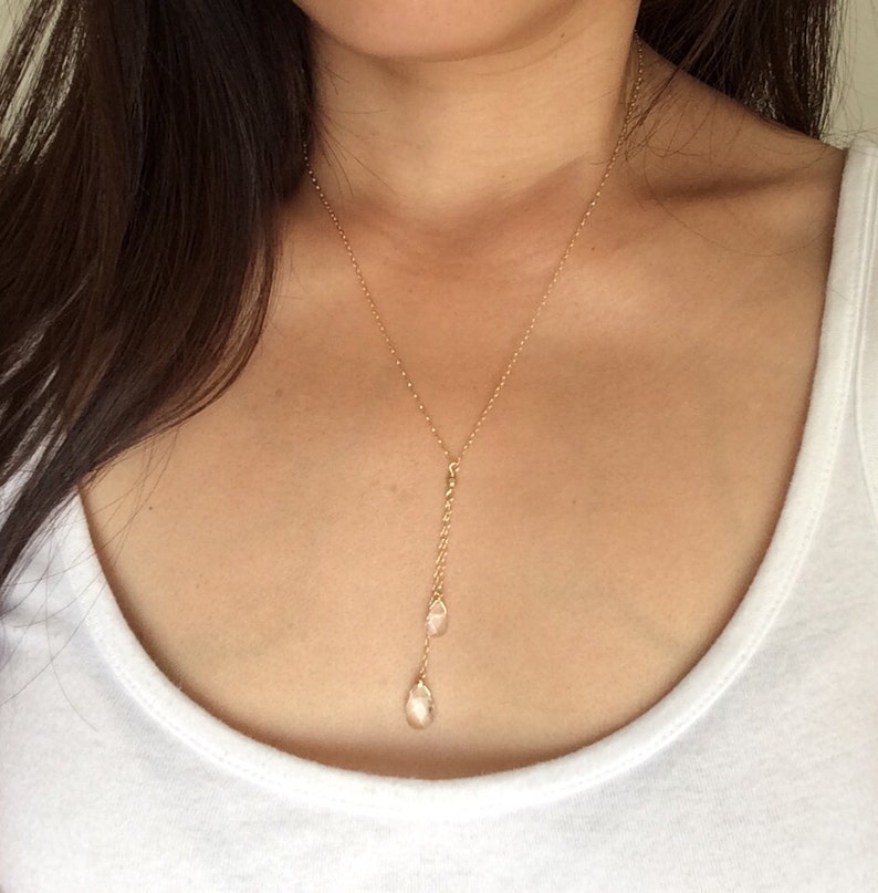 Gold Y Lariat Drop Clear Quartz Gemstone Necklace also in Rose Gold Fill and Sterling Silver image 3