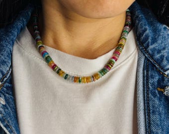 Heishi Assorted Colorful Stone Beaded Necklace, Beaded Choker, Gold Fill Sterling Silver Labradorite Lapis Lazuli Turquoise