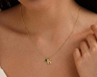 14K guld initialhalsband med födelsesten, anpassat initialhalsband, personligt halsband, födelsestenshalsband, present till mamma