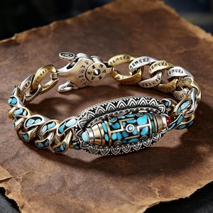 May include: A silver and gold bracelet with turquoise accents. The bracelet features a central oval-shaped design with turquoise stones and intricate metalwork. The chain links are adorned with turquoise stones and engraved details.