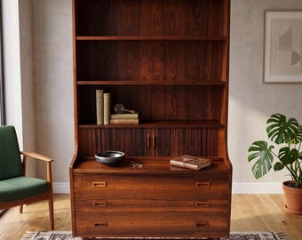Rosewood Bookcase Secretary, Mid Century Modern Style Bookshelf Cabinet Danish Style Tambour Desk Hutch