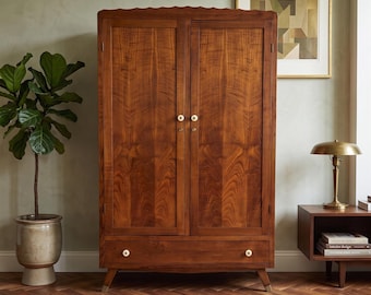 Walnut Wardrobe Armoire, Art Deco Style 2 Door Closet Cabinet Vintage Style Bedroom Furniture