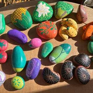 Vegetable Mud Kitchen Stones | Handpained Accessories for Outdoor EYFS Play, Handmade and Bespoke. Montessori teaching resources
