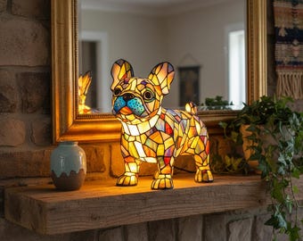 Tiffany French Bulldog Lamp | Stained Glass Dog Night Light | Animal Art Decor