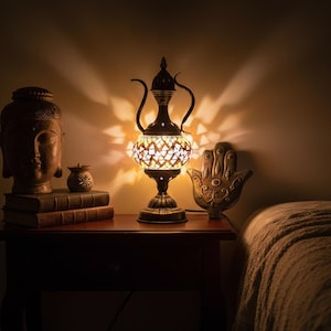 Mosaic Glass Diffuser | Moroccan Genie Lamp | Brass Table Decor