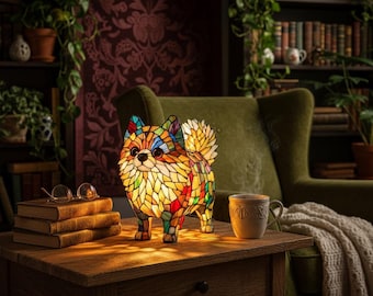 Lampada Tiffany a forma di Pomerania | Lampada da tavolo a forma di cane in vetro colorato | Decorazione d'accento colorata